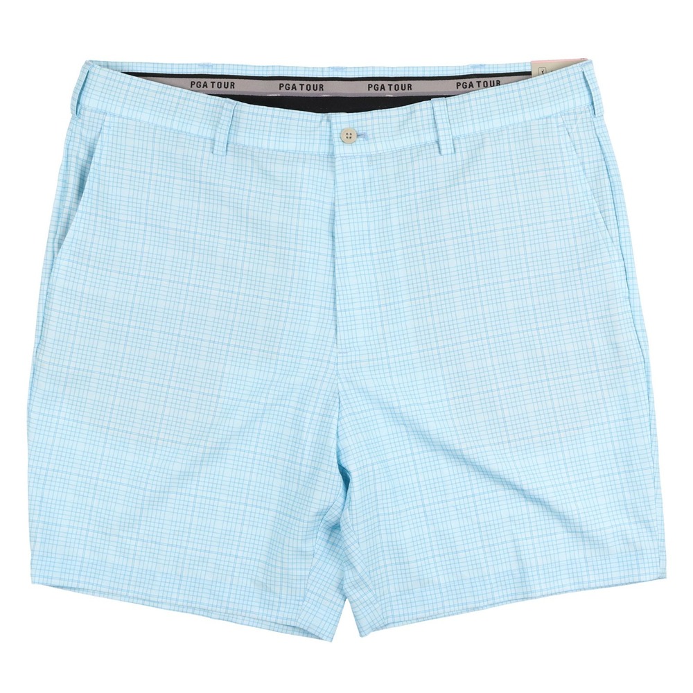 PGA TOUR Men Flat Front Checkered Golf Shorts 34 Cyan Blue PVBSE079DS